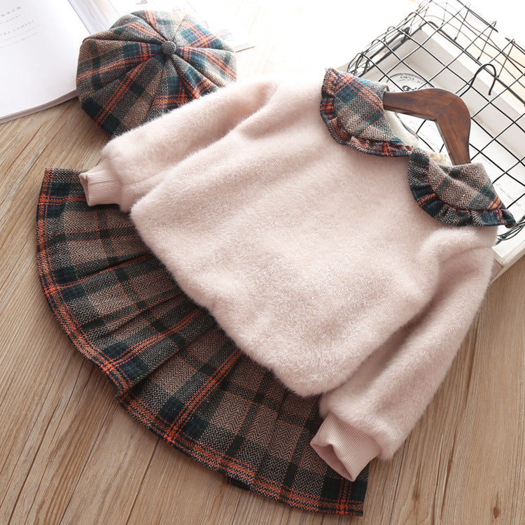 Girls' Stitching Pullover Sweater And Plaid Pleated Skirt Two-piece Suit