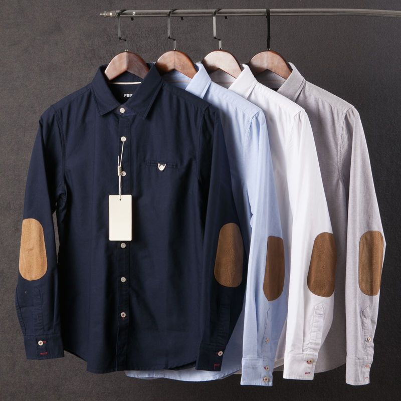 Elbow Patch Long Sleeve Shirt Men's Lapel Japanese-style Retro