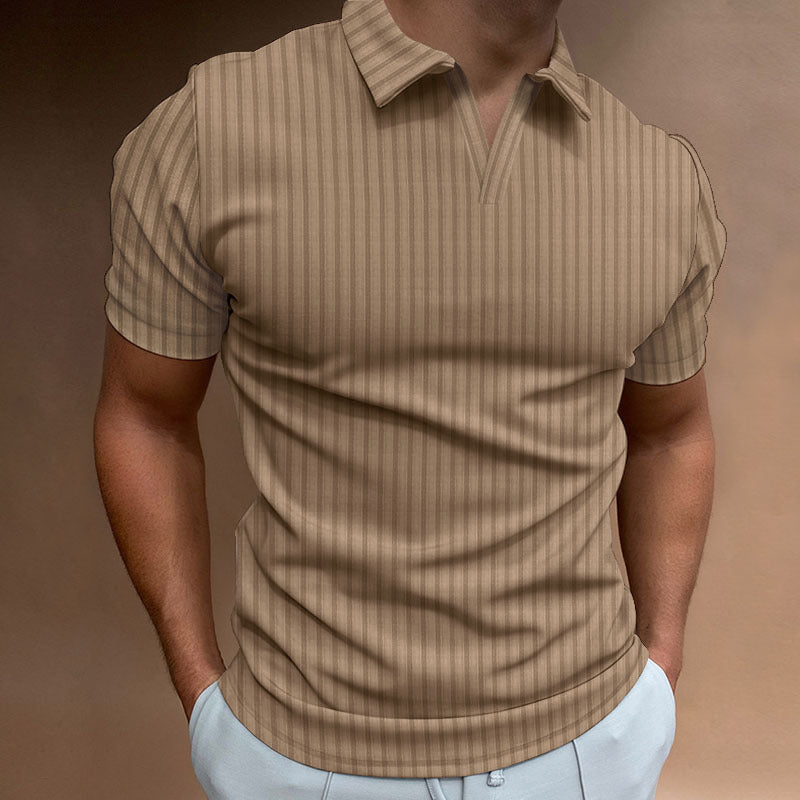 New Polo Shirt Lapel V-line Striped Short-sleeved Men's T-shirt