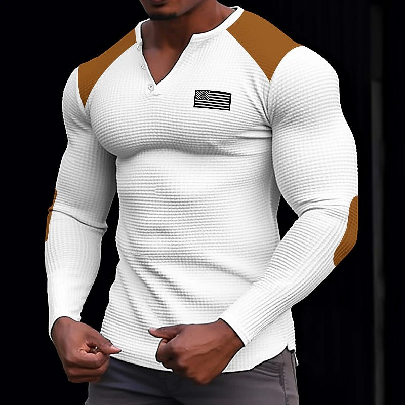 Men's Waffle V-neck T-shirt Top Long Sleeve