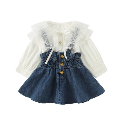 Lace big lapel shirt denim strap dress