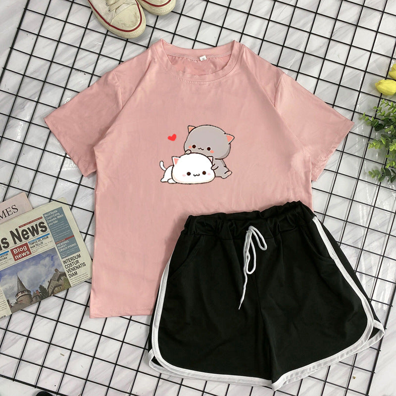 Student Crew Neck T-shirt Shorts Loose Sports Two-piece Set