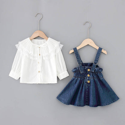 Lace big lapel shirt denim strap dress