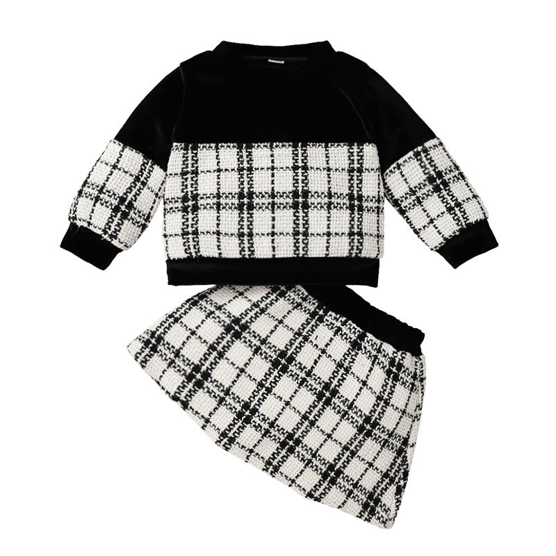 Black Plaid Print Baby Girl Suit Skirt