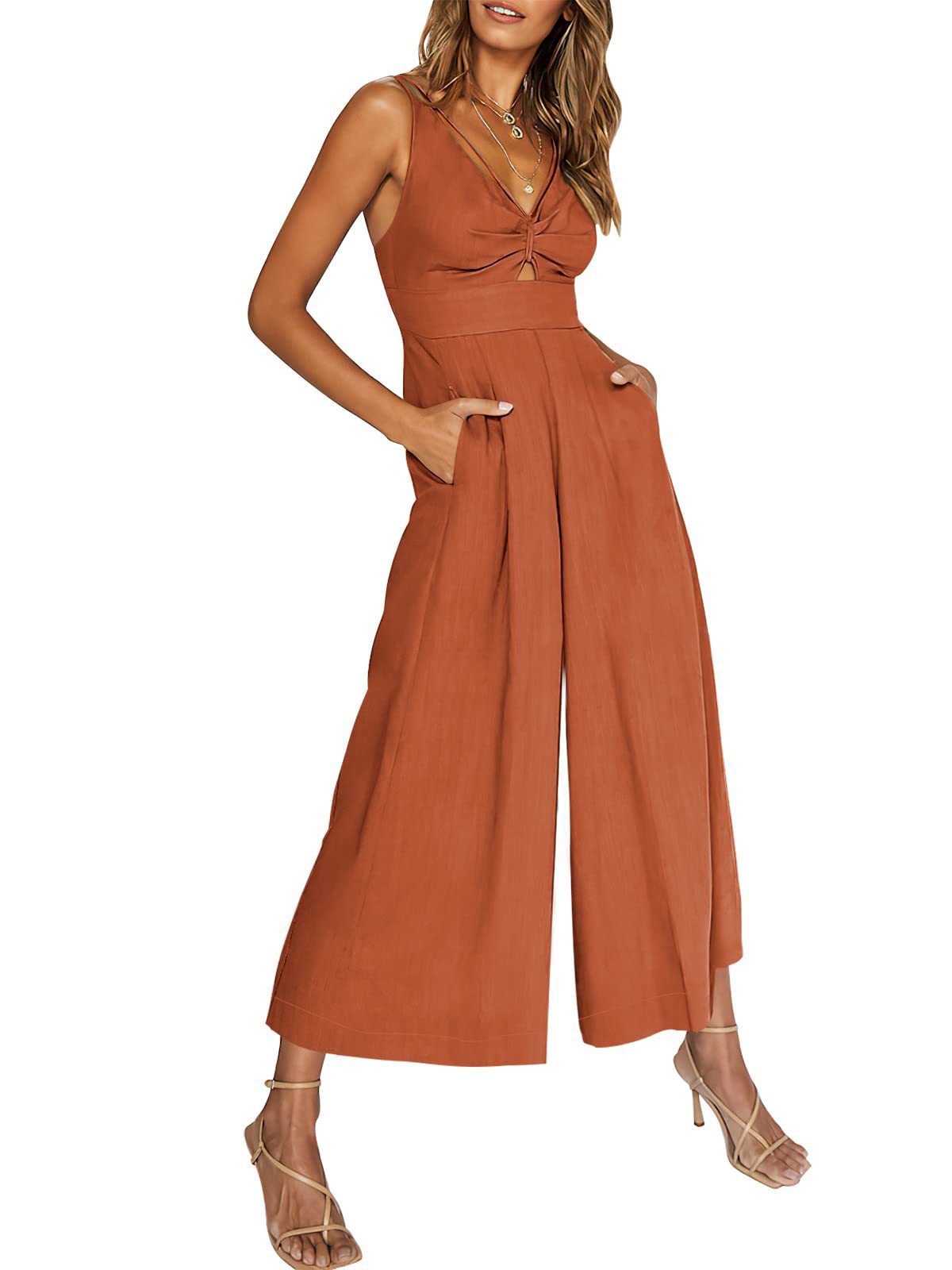 Summer V-neck Brace Hollow Out Pleating High Waist Wide Leg Pocket Women's Jumpsuit