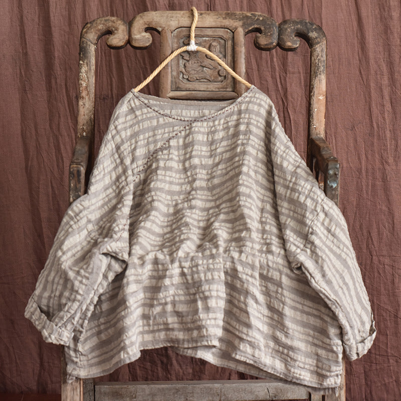 Striped Yarn-dyed Linen Leisure Women's Coat Twill Stitching Wire Loose Artistic