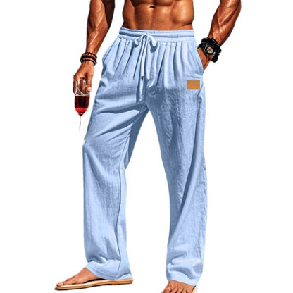 New Men's Cotton And Linen Drawstring Straight Leg Pants