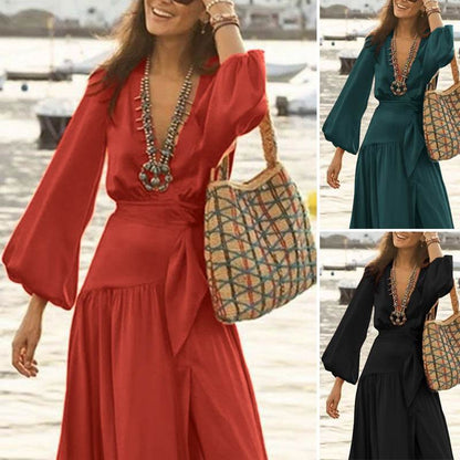 Women Bohemian Style Flare Sleeve Split Expansion Skirt Dress