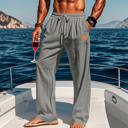 New Men's Cotton And Linen Drawstring Straight Leg Pants