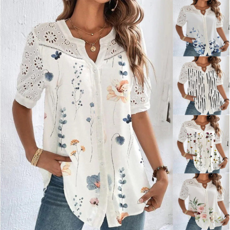 Fashion Breasted Lapel Short-sleeved Shirt Women's Top