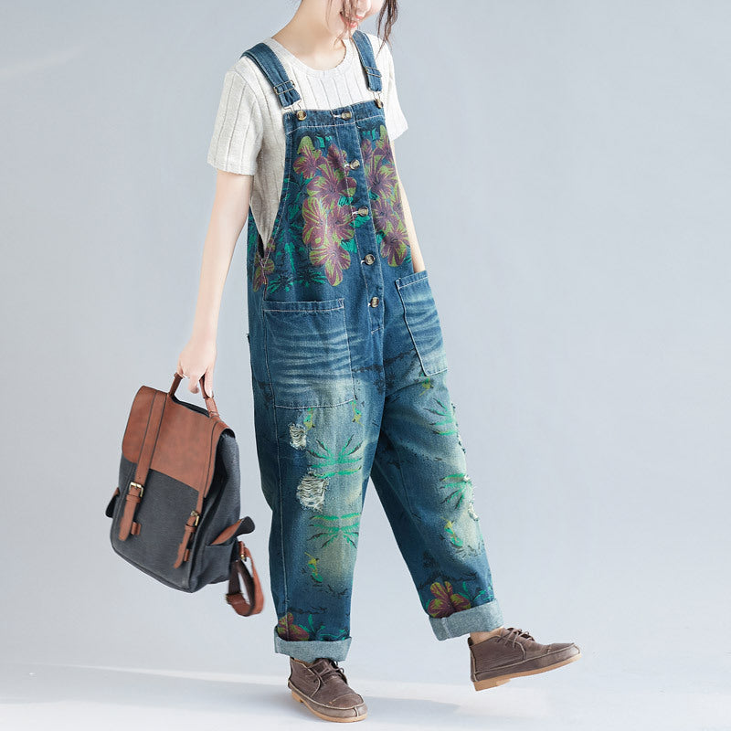 Women's Loose Plus Size Denim Light Color Hole Overalls