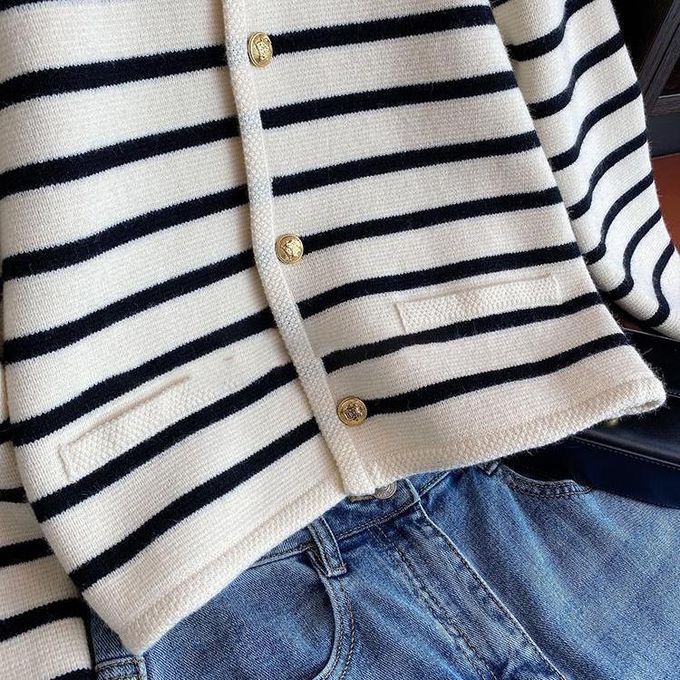 Black And White Striped Knitted Cardigan Women's Outer Wear Cropped Sweater Coat