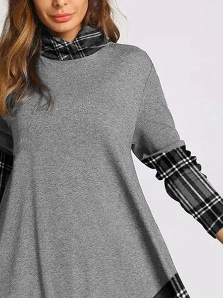 Women's Button Irregular Long Sleeve Plaid Stitching Long Sleeve Dress