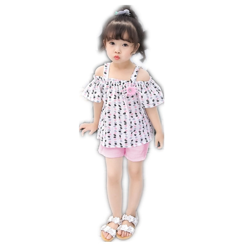 Ins explosive children''s Suit Girls Summer new Korean version of shoulder-bare leaf short sleeve jacket tidal shorts two sets