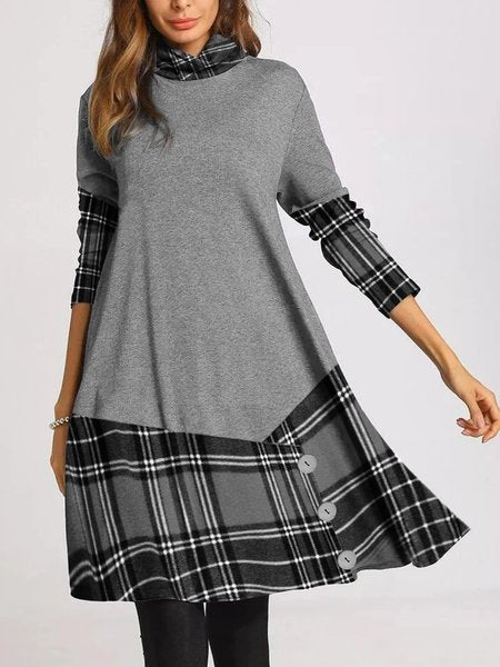 Women's Button Irregular Long Sleeve Plaid Stitching Long Sleeve Dress