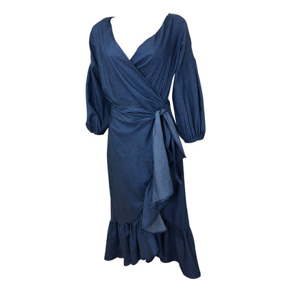 Ruffled Lantern Sleeves V-neck Denim Dress