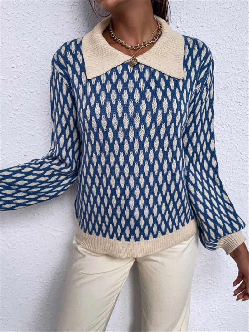 French Style Diamond Patterns Lantern Sleeve Contrast Color Sweater