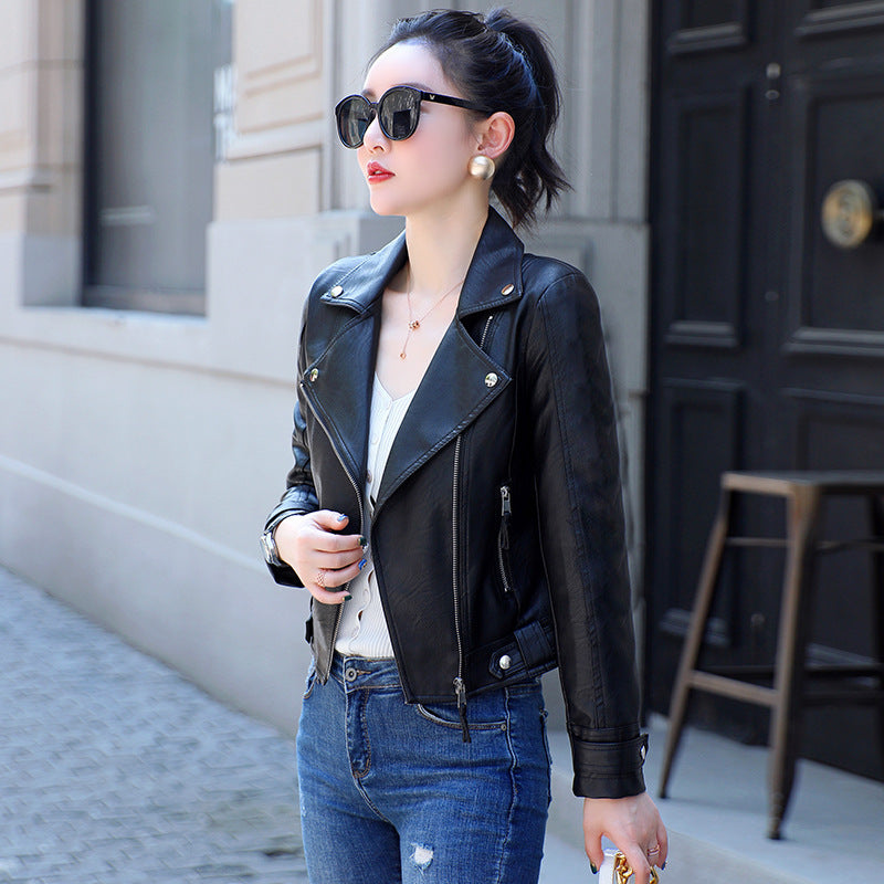 Women's Fashion Solid Color Motorcycle Leather Jacket