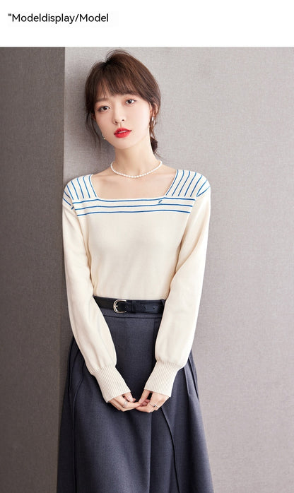 French Sailor Blue Striped Square Collar Sweater Retro Navy Style