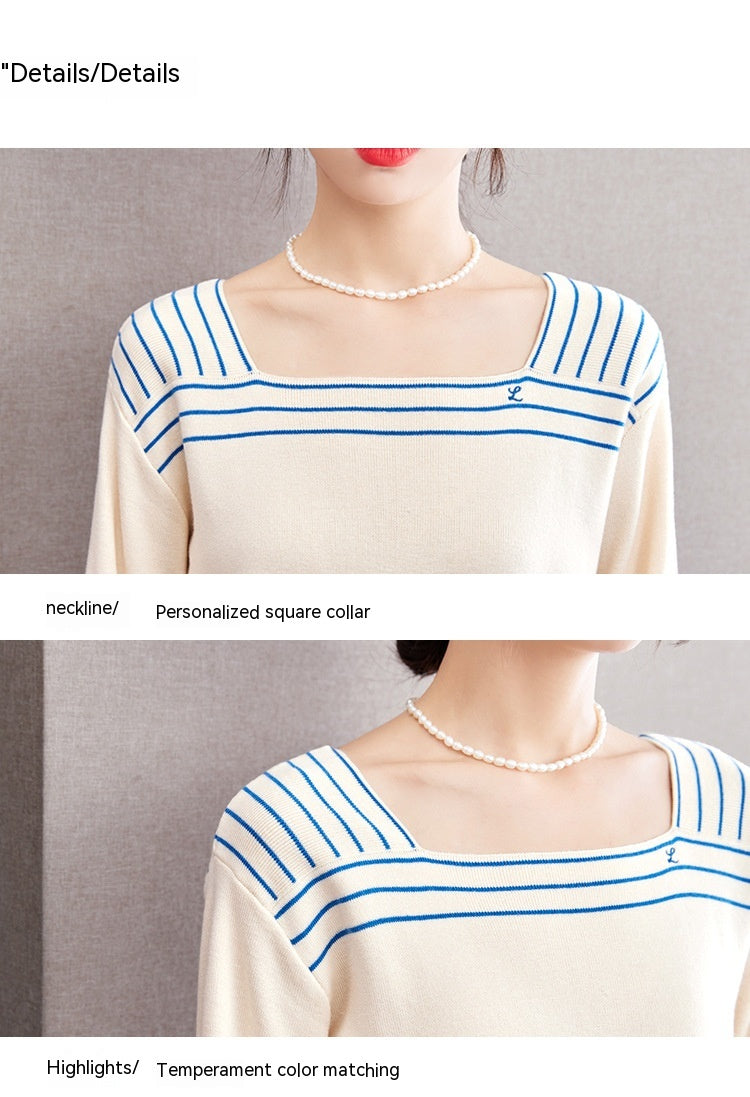 French Sailor Blue Striped Square Collar Sweater Retro Navy Style