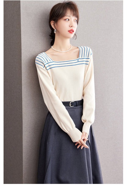 French Sailor Blue Striped Square Collar Sweater Retro Navy Style