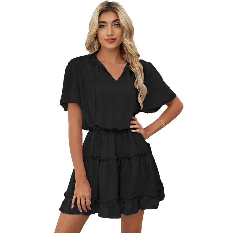 Short Sleeve Dress Women's Ruffled V-neck