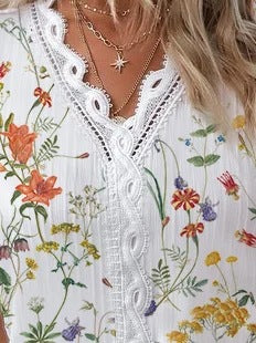 Summer V-neck Lace Stitching Printing Shirt For Women