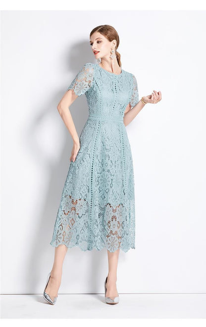 Round Neck Ruffle Sleeve Lace Slimming Temperament Elegant Dress