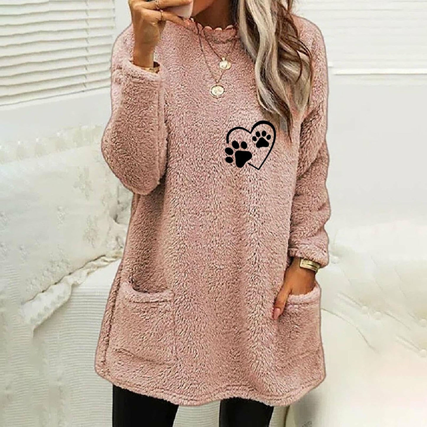 Autumn Women's Loose Long Sleeve Love Footprints Print Double-sided Velvet Sweatshirt