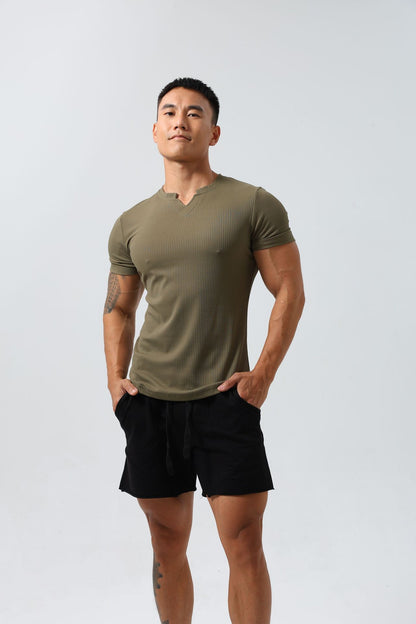 Men's V-collar Short Sleeve Coat Sports Quick-drying Solid Color Outdoor Fitness Running Slim