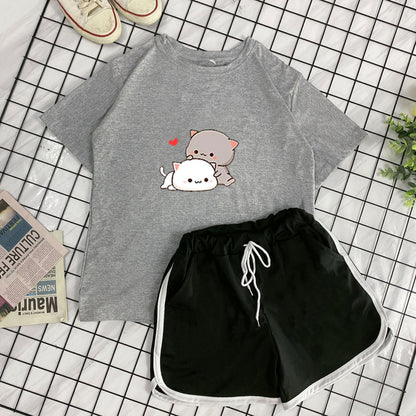 Student Crew Neck T-shirt Shorts Loose Sports Two-piece Set