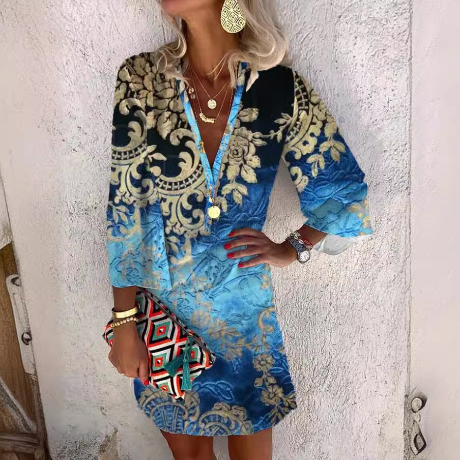 Summer V-neck Hanging Long Sleeve Printed Beach Bohemian Style Short Loose Dress Women