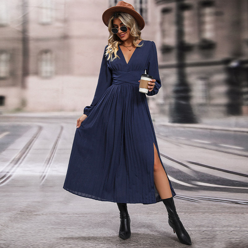 Spring Women's Long Sleeve Solid Color Dress