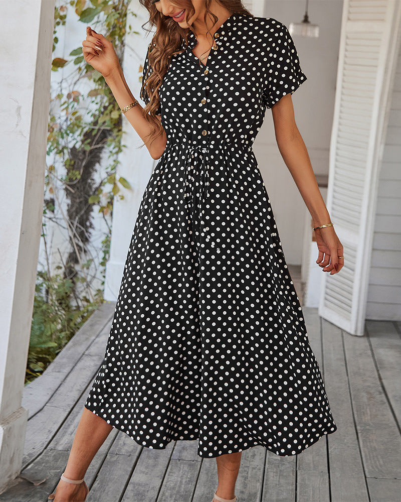 Polka Dot Print Shirt Collar Large Swing Dress