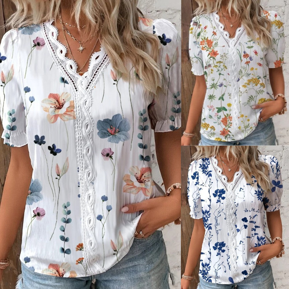 Summer V-neck Lace Stitching Printing Shirt For Women