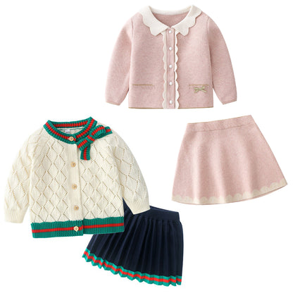 Costume de jupe cardigan tricoté en coton pour bébé fille