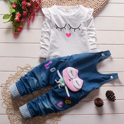 Girls Korean cotton sweater denim bib two-piece suit