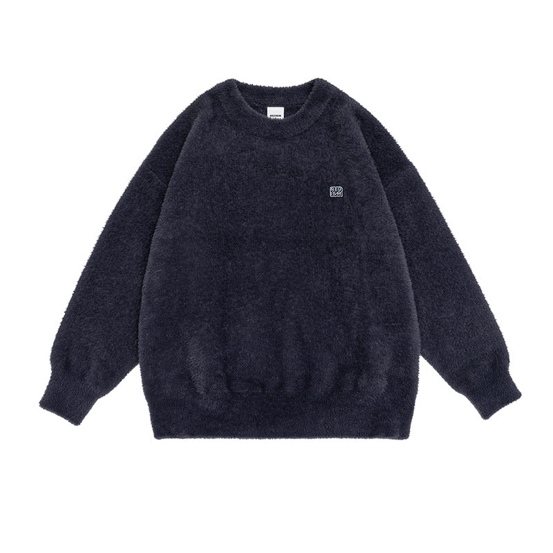 Pull rétro en Mohair à col rond pour homme, pull tricoté en peluche, couleur unie