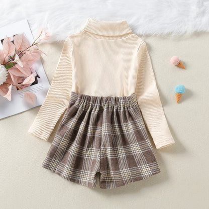 Solid Color Top  Plaid Skirt Two Piece Set