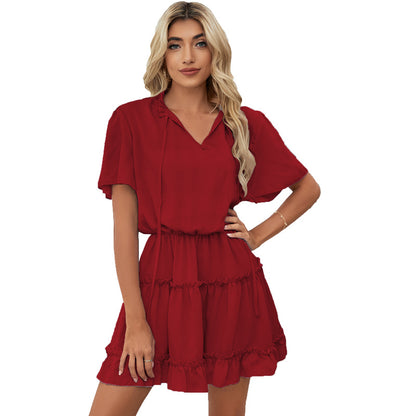 Short Sleeve Dress Women's Ruffled V-neck