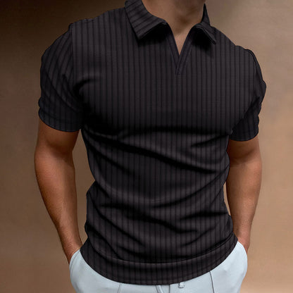 New Polo Shirt Lapel V-line Striped Short-sleeved Men's T-shirt