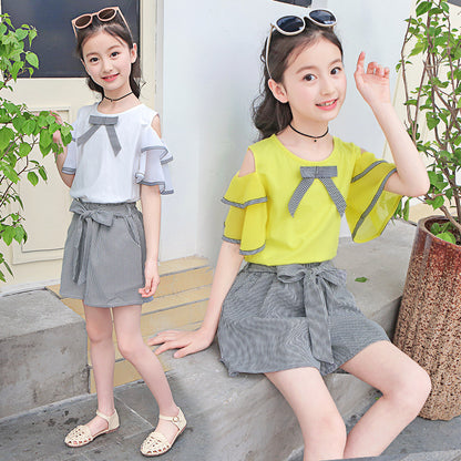 Girls' Suit New Style Off-shoulder Short-sleeved Shorts Suit