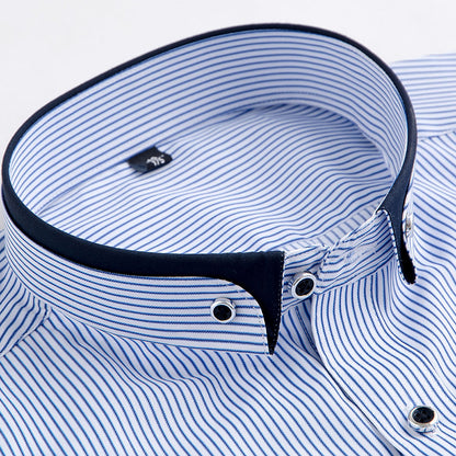 Spring Buckle Collar Pointed Collar Vertical Stripe Inch Shan Men's Youth Slim Blue Casual Shirt