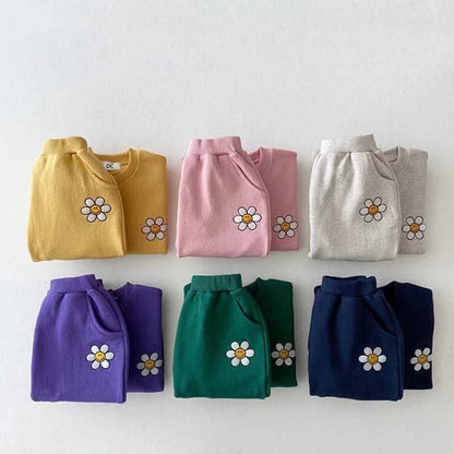 Cartoon Embroidered Flower Casual Sweater Set