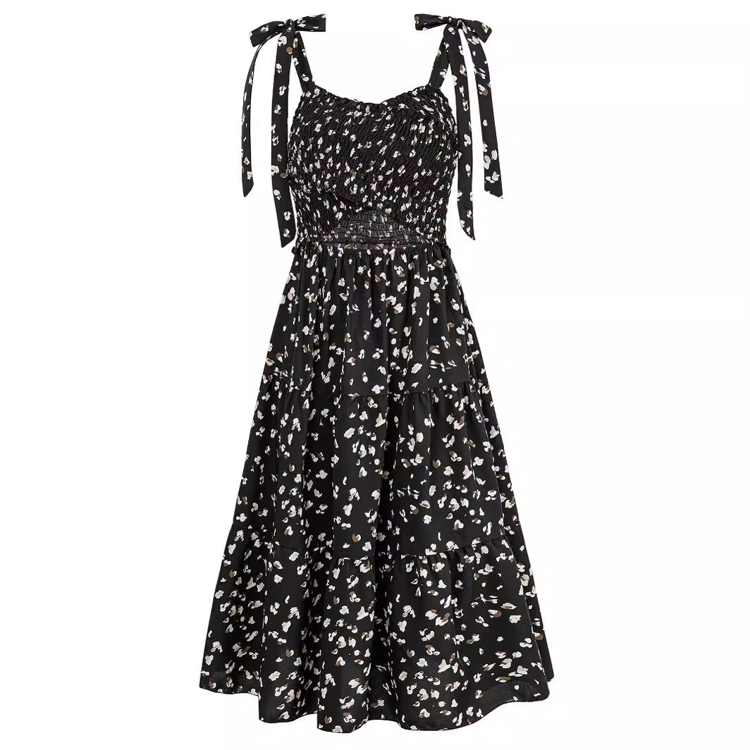 Printed Smocking Hollow Out Bundle Shoulder Strap Dress Women