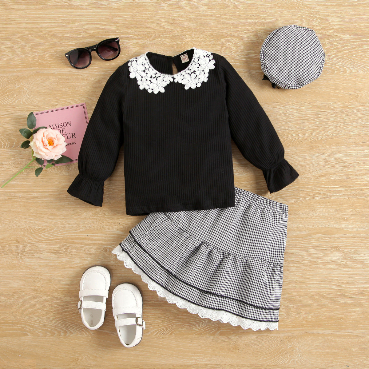 Girls Long Sleeve Knitted Lace Collar Top  Plaid Lace Short Skirt With Hat Three-piece Suit