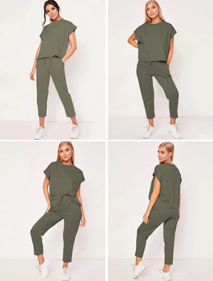 Short Sleeve Round Neck Top And Drawstring Cropped Pants Set