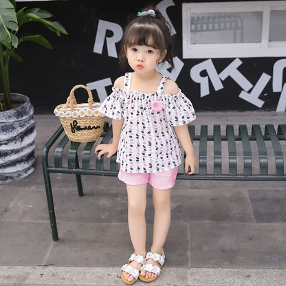 Ins explosive children''s Suit Girls Summer new Korean version of shoulder-bare leaf short sleeve jacket tidal shorts two sets