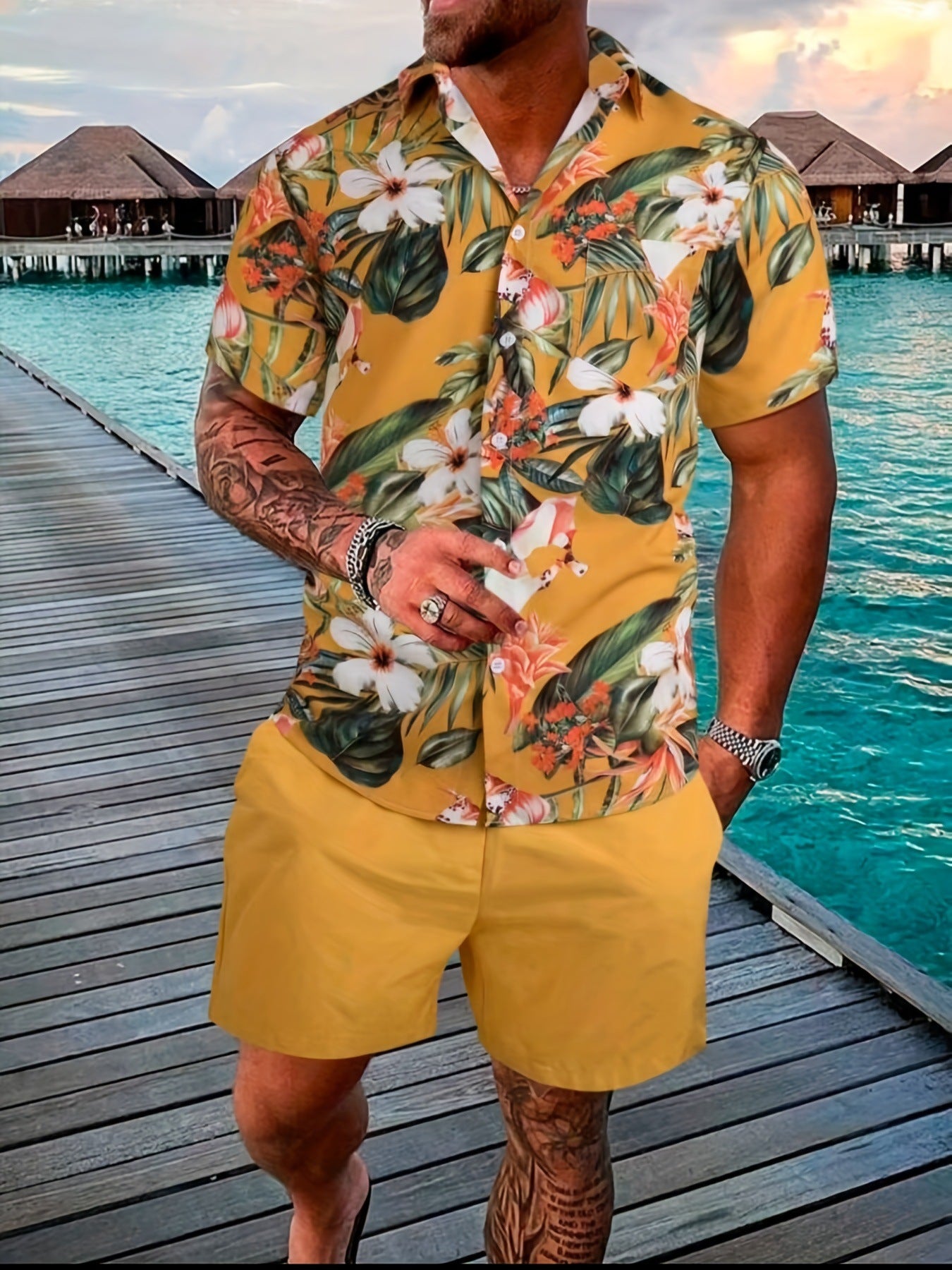 Men's Casual Loose Short Sleeved Shorts Beach Set