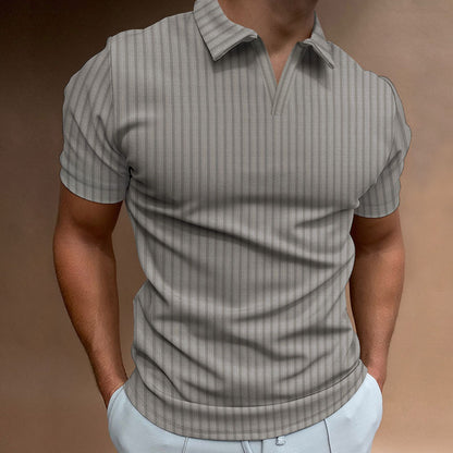 New Polo Shirt Lapel V-line Striped Short-sleeved Men's T-shirt